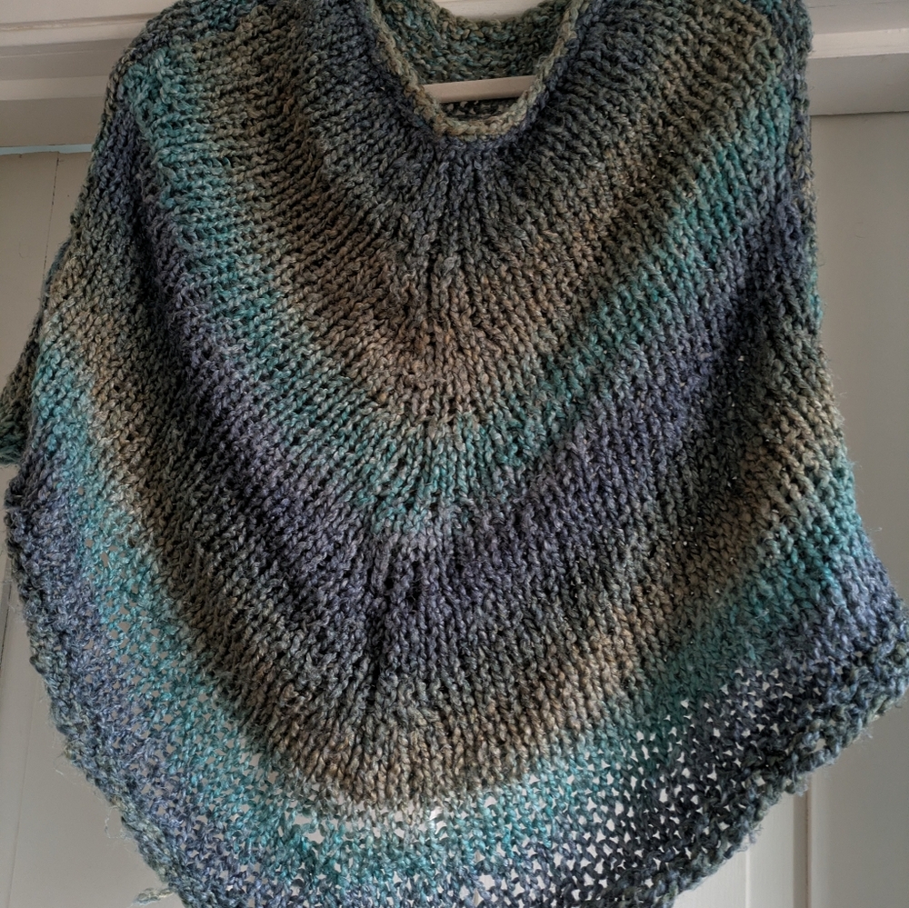 Handknitted Poncho- Very Soft w/ Muted Blue & Green Shades- OS - Picture 3 of 3
